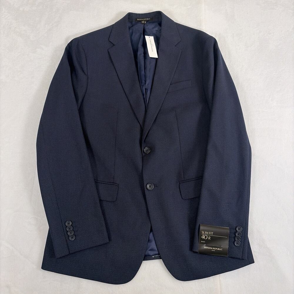 NWT Banana Republic 40R Slim Fit Navy Blue Blazer Print Suit Jacket Charity